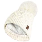 RockJock Ladies Warm Chunky Diamond Cable Knit Hat with Thermal Teddy Fleece Lining and Detachable Faux Fur Pompom-Cream