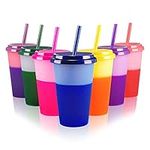 Kids Cups Tumblers with Lids & Straws - 7 Pack 12 OZ Iced Water Colour Changing Cups for Cold Drinking BPA Free Reusable Plastic Tumbler Set for Party Kid Smoothie Cup Travel Mugs