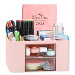 Wlevzzor Creative & Simple Desk Organiser, 7 Grids, Plastic Table Organiser with Drawer, Multifunctional Desk Organiser, Pen Holder for School, Office, Home (Pink)