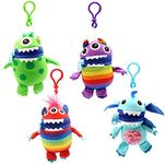 Worry Yummy Monster Clip On Keyring Childrens Soft Toy Pack of 4-13cm (5 1/2") - Soft Cuddly Toy For Kids - Boys & Girls Anxiety, Stress & Fear Reducing - Bag Clip Toy