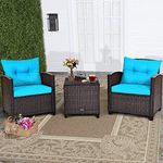 RELAX4LIFE Wicker Patio Furniture Sets - 3 Pieces Rattan Sofa Set, Outdoor Conversation Set with Tempered Glass Tabletop, Heavy-Duty Steel Frame, Wicker Chair Set for Poolside, Backyard (Turquoise)