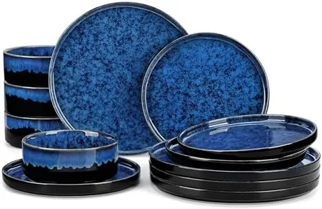 vancasso Starry Plates and Bowls Sets,12 Pieces Blue Dinnerware Sets for Kitchen,Modern Stoneware Dishes Set for 4,Dishwasher and Microwave Safe