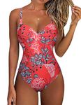 Hilor Women's Underwire One Piece Swimsuits Criss Cross Push Up Bathing Suit Retro Ruched Tummy Control Swimwear, Red&white Floral, 8