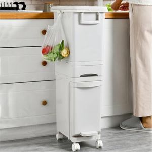 Warmiehomy Dry and Wet Separation Trash Can, Vertical Waste Separation System with Wheels, Recycling Pedal Bin for Kitchen Waste with Large Recycle Compartments, 32L Rubbish Capacity Trash Garbage Can