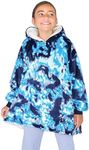 Bare Home Sherpa Fleece Wearable Blanket - Oversized Wearable Blanket Hoodie - Kids Size - Warm & Cozy - Soft Blanket - Comfortable Blanket Sweatshirt, Dual-Sided Pockets (Kids, Tie Dye - Dark Blue)