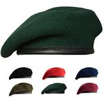 Gajaous British Military Berets for Men and Women,Wool and Leather Army Beret Hats, Dark Green, One Size