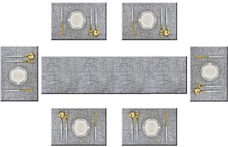 Bright Dream Table Runner and Placemats Set of 6 Kits Long Modern for Dinner Table Colorful Woven Vinyl Heat-resistand (1 Table Runner and 6 Placemats, Smoky Gray)
