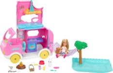 Barbie Camper, Chelsea 2-in-1 Playset with Small Doll, 2 Pets & 15 Accessories, Vehicle Transforms into Camp Site, HNH90