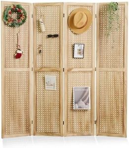 Pegboard Display, 5.6Ft Wooden Room Divider Folding Privacy Screens Portable Freestanding Wall Organizer for Retail Craft Art Display Board (4panels, Natural)