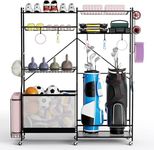 GYMAX Garage Sports Equipment Organizer, Ball Storage Rack with Wheels, 5 Adjustable Shelves and 13 Detachable Hooks, Basketball Football Gear Holder, Indoor Outdoor Storage Cart for Golf Bag