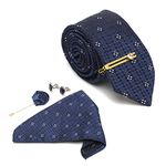 LOUIS STITCH Mens Denim Blue Italian Silk Necktie Set Incl Pocket Square Cufflinks Golden Tiepin Brooch American Style Formal Tie Gift Set for Men (TEBU029GP)