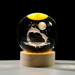 CPENSUS 3D Galaxy Crystal Ball Night Lamp,Solar System, USB Table Colorful LED Wooden Crystal Ball for Home Decoration Birthday Gift for Teens Boys and Girls (Dolphin with Moon)