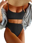 JJAI Womens High Waisted Bikini Set Ribbed Two Piece Swimsuit Spaghetti Strap Swimwear (Black, Medium)