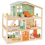 Giant bean Large Dreamy Wooden Dollhouse for Girls with 32Pcs Furniture Accessories, 3-Story Doll House 5 Rooms Balcony Wooden Stairs,Ideal Dollhouse Playset Toy for Kid Toddler 3+, 30" x 28" x 13"