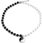 Goth Yin Yang Pearl Necklace for Men Women Black White Beaded Choker Necklaces Mens Stainless Steel Jewelry, Zinc, Created Pearl