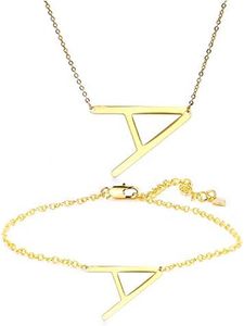 2Pcs Large Initial Pendant Necklace Oversize Alphabet Letter Bracelet Monogram Jewelry Set for Women (A)