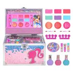 Barbie Kid Makeup Set for Girls in Train Case, Includes Lip Gloss, Eye Shimmer, Brushes, Nail Polish Accessories & more! Gift for Girls Ages 3+ by Townley Girl