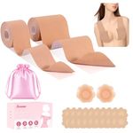 Sovano Boob Tape Set, Boobtapes for Lift Support A-G Cup for Push up, 2 Pack 5M Stretchable Self-Adhesive Boobtape for Small Large Breasts Body tape with 2 PCS Nipple Covers Beige