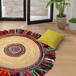 GRUHUM Round Jute Cotton Area Rug 6ft Natural Fiber Red Multicolour Chindi Fringes Handmade Boho Soft Braided Rustic Rag Rugs for Indoor Outdoor Kitchen Bedroom Living Hallways Enterways (6'ft Circle)