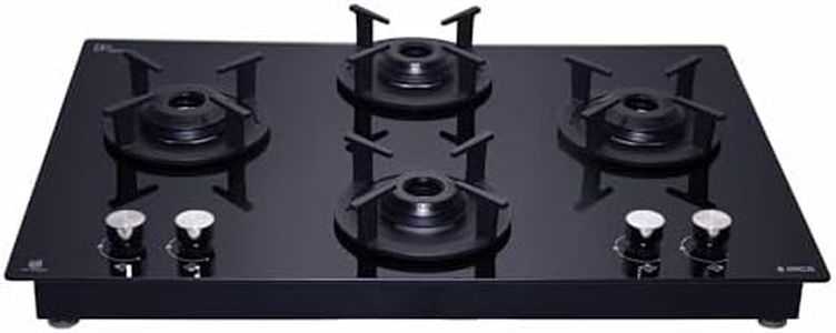 Elica 60cm 4 Burner Gas Hob | RG FLEXI 460 Lotus IND HD Brass | Built-in & Freestanding | Cast Iron Pan Support | Black Glass Finish | 10-Year Burner Warranty, 5-Year Glass & Valve Warranty