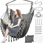 Upgraded Extra Large Hammock Hanging Chair - Swing Chair with 2 Cushions & Neck Pillow, Hammock Chair with Side Pocket & Durable Steel Rod, Hanging Chair with Hardware for Indoor Outdoor