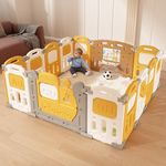 Dawnwake Assembly-Free 14 Panel Playard, Baby Playpen Fence with Crawling Mat and Football for Baby Upto 8 Years with Safety Locking Door & Drawing Board (150x150cm, Foldable) -Yellow