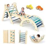 BlueWood Pikler Triangle Set 7in1 Foldable Baby Climbing Wooden Toys with Arch&Ramp&Ladder Climber Indoor Jungle Gyms for Toddlers - Sky Blue