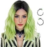 14'' Short Ombre Green Wig Women + Earrings Accessories, Shoulder Length Wavy Green Bob Wig St.Patrick's Day Wig + Wig Cap for Halloween Costume Party Cosplay