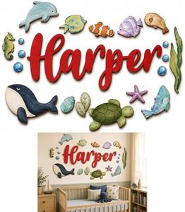 Custom Nursery Name Sign with Themed Decor Kit, Personalized 3D Wooden Wall Art for Baby Room & Kids Bedroom, Space, Jungle, Circus, Ocean, Woodland, Rainbow Themes (Under the Sea: Deep Blue, 60")