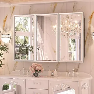 Keonjinn 48” x 30” Medicine Cabinets with Mirror for Bathroom Recessed or Surface Wall-Mounted Aluminum Alloy Framed Beveled Mirror with Soft Close Hinge, 3 Doors Silver Storage Cabinet