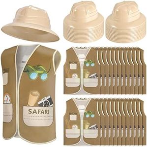 24 Pieces Kids Safari Party Hats and 24 Pieces Explorer Vest Explorer Costume Kids Safari Outfit for Jungle Party Safari Party Favors Outdoor Activity Halloween Birthday Gifts