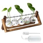 Desktop Glass Vase Bulb, Vase Plant Terrarium with Vintage Wooden Stand, Propagation Station with Metal Rotating Rod, Desktop Glass Planter Bulb Vase for Hydroponics Plants Home Garden(5 Bulb Vase)