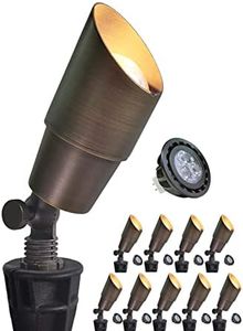 MALORY Brass Landscape Spotlight 10-Pack with Bulb(S01), Low Voltage 12V AC/DC LED Outdoor Landscape Lighting,PVC Ground Stake and Wire Connector Included, Garden Patio Trees Spot Uplight