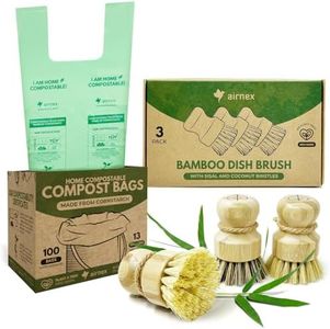 AIRNEX 100 Count Compost Bags for Countertop Bin 13 Gal & Bamboo Dish Brushes Set of 3-100% Compostable Trash Bags made of Cornstarch - Medium Stiff Sisal & Strong Blend of Coconut Bristles Brushes