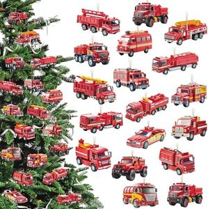 Pinkunn 36 Pcs Christmas Hanging Ornaments Christmas Vehicle Wood Ornaments Set Christmas Transportation Themed Car Ornaments Airplane Ornament Gifts for Tree Car Home Decoration(Fire Truck)