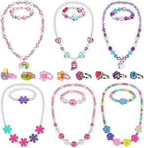 6 Sets Play Jewelry for Little Girls Princess Necklace Bracelet Set Includes Kid Beaded Necklace Bracelet with 8 Rings for Toddler Christmas Birthday Party Favors Cosplay(Mermaid, Rainbow Style)