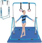 YEEGO DIRECT Gymnastics Bar for Kids, Adjustable Folding Gymnastics Bar with Mat, 3-9 Years 140lbs Capacity, Home Gym Equipment with Rings for Indoor Outdoor Use (Blue & Black)