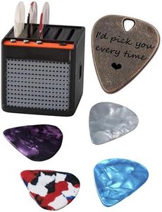 JUPPE 5Packs Guitar Pick Plectrums with Amp Speaker Holder Organizer Storage Case Metal and Variety Colorful Celluloid Plectrums for Bass Electric Acoustic Guitars Ukulele (Speaker box+5pcs picks)