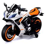 LittleFlyer Rechargeable Battery Operated Ride on Bike for Kids, Electric Toy Bike with Leather Seat, Wheels Lights, Music and Key Start for Kids of Age 2 to 10 Years (White&Orange)