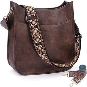 HKCLUF Crossbody Bag for Women,Vegan Leather Hobo Handbags Women Fashion Shoulder Bags Cross-body Bucket Purse with 2PCS Adjustable Guitar Strap(Ntbrown)