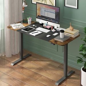 Ufurniture Standing Desk Electric Height Adjustable Sit Stand Desk 140 * 60cm Motorised Home Office Computer Workstation Black+Walnut Splice Desktop and Black Frame