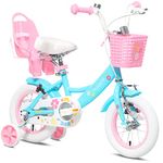 Glerc Maggie 12 Inch Girls Bike Ages 1 2 3 4 Years Old Kids Bicycle Princess Style with Doll-Seat & Basket & Training Wheels & Bell for Birthday, Blue