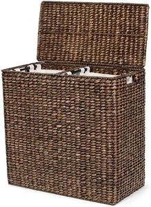 BirdRock Home Oversized Dual Hampers with Lid - Handwoven Natural Seagrass Fiber Compartment Laundry Hamper w/Dual Removable Liners Bag - Split/Two Side Basket for Dirty Laundry, Clothes - Brown Wash