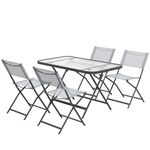 Outsunny 5 Pieces Foldable Patio Dining Table and Chairs, Outdoor Dining Set for 4 with Large Rectangle Glass Top Table and 4 Stackable Chairs for Conservatory, Garden, Deck, Grey