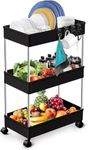 PULSBERY Multipurpose Plastic Trolley with Dish Rack for Kitchen Fruit Vegetable Storage Basket Modern Organizer - 3 Layer Stackable Shelf Cart Kitchenware Food, Snacks, Toys, Tiered Shelf (Black)