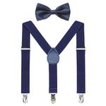 AWAYTR Men,Women Suspenders Bowtie Set - 1 Inch Y Shape Adjustable Boys Suspender with Strong Clips(Navy Blue)