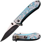 Femme Fatale – Spring Assisted Open Folding Pocket Knife – Black/Satin Finish Stainless Steel Blade, Blue/Silver Aluminum Handle w/ Butterflies, Pocket Clip, EDC, Self Defense – FF-A010LB