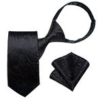 DiBanGu Boys Black Paisley Pre-Tied Neckties & Pocket Square Set Solid Black Neck Strap Tie for Kids