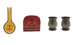 ACK Tuscany Colorful Hand Painted Fleur De Lis, 4 pc Stove Top Set, Napkin Holder, Salt and Pepper Shaker Set and Spoon Rest for Kitchen Décor