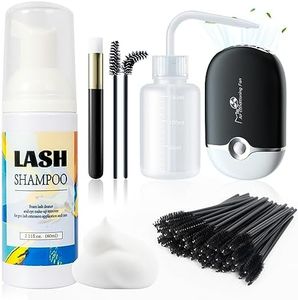 Buqikma Lash Shampoo for Lash Extensions, Mini Lash Fan 2.11Floz Rich Foam Eyelash Shampoo 50 Pcs Eyelash Brush and Rinse Bottle for Eyelash Wash Remover Lash Extension Cleanser for Home Use (Black)
